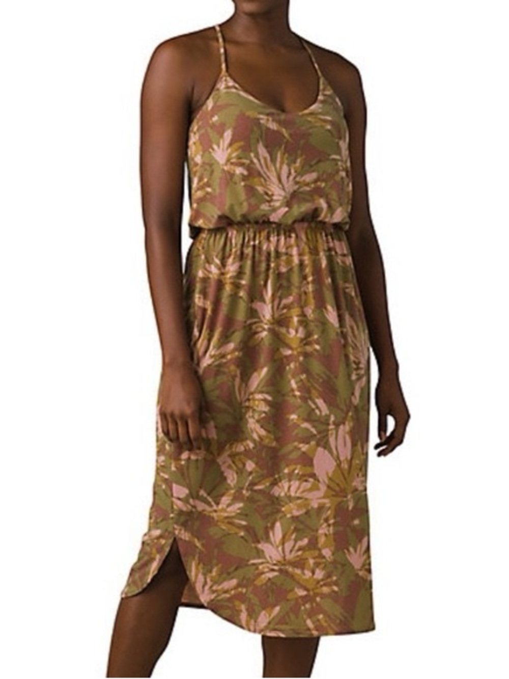 Prana Ayla Dress in a camouflage-style print. V-neck and racerback silhouette